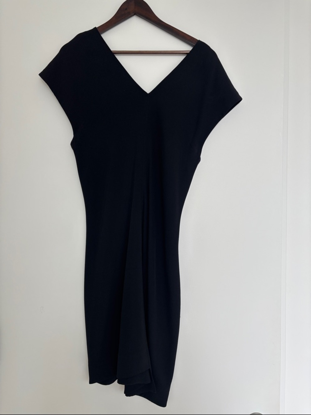 Helmut Lang Black V-Neck Draped A-Sym. Midi Dress - Classic Women's Dress